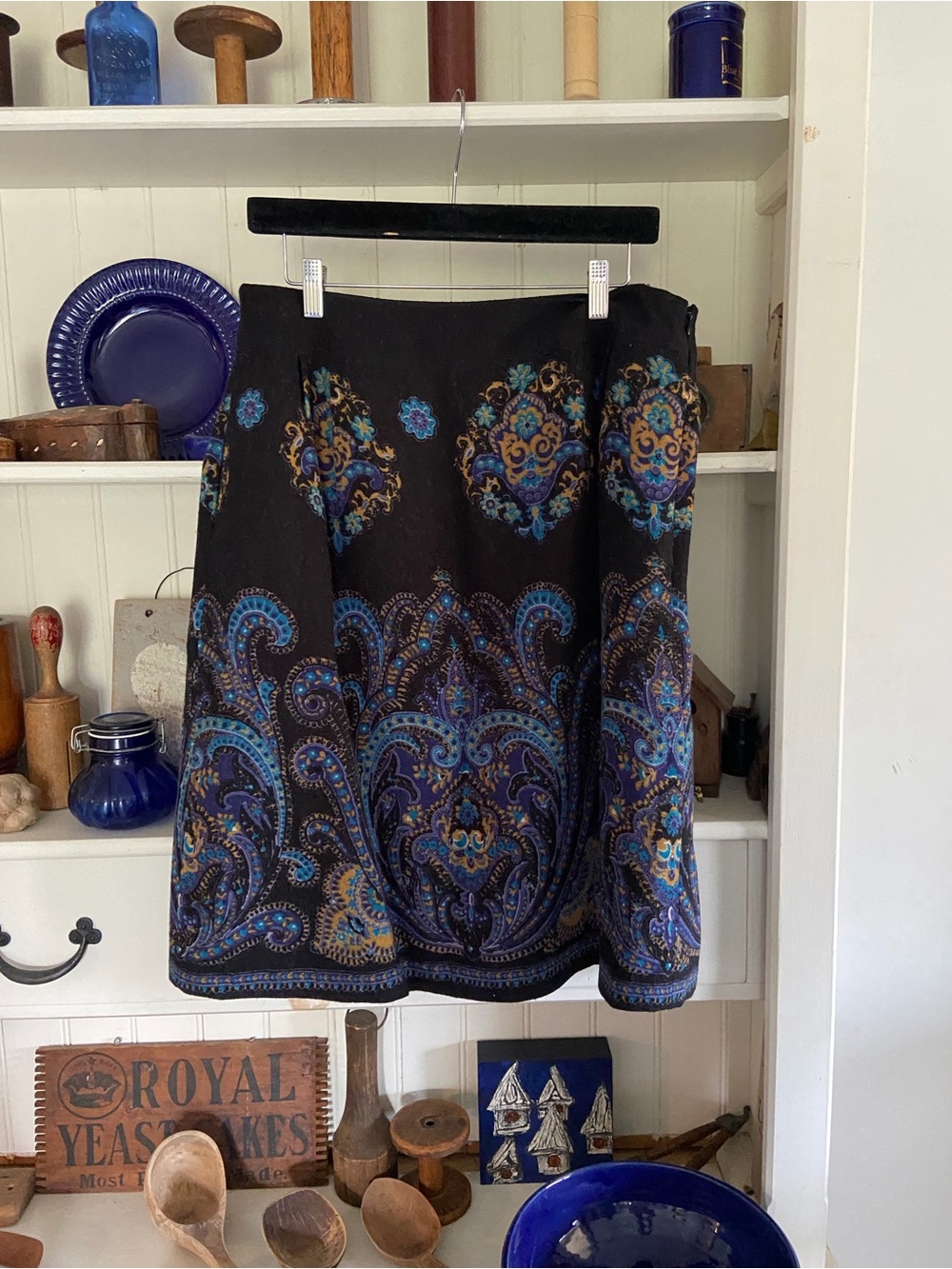Lands’ End Black Paisley A-Line Skirt - Elegant Blue & Gold Print